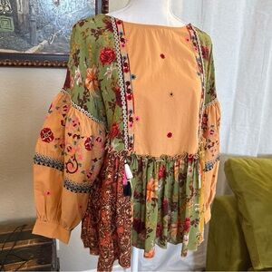 Let Me Be Anthropologie Boho Peasant Blouse Women’s  S Festival Floral Tassles